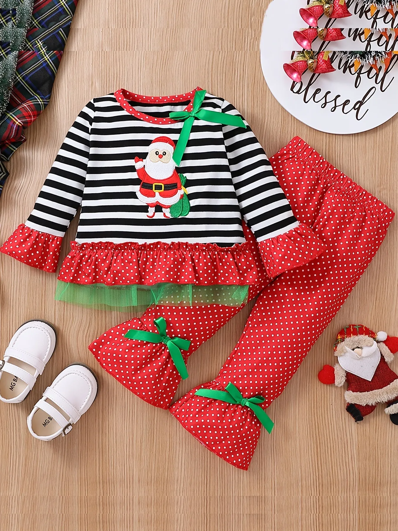 Kids Christmas Set Baby Girls Striped Santa Claus Embroidery Flare Sleeve Top Polka Dot Bow Flared Pants Outdoor Set