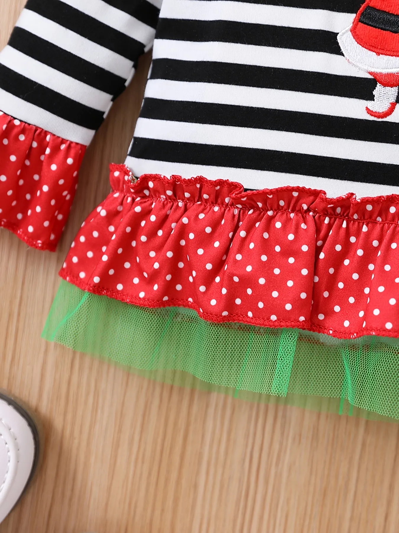 Kids Christmas Set Baby Girls Striped Santa Claus Embroidery Flare Sleeve Top Polka Dot Bow Flared Pants Outdoor Set