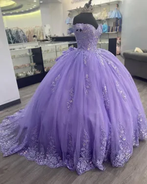 Lavender Corset Mexican Quinceanera Dress Ball Gown,Appliques Lace Birthday Party Vestidos De XV Anos