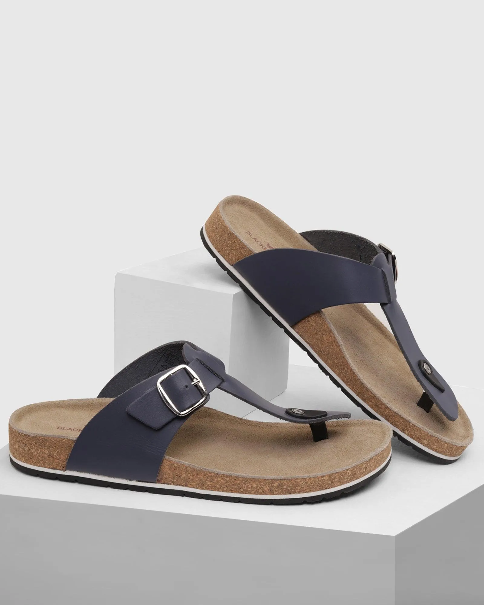 Leather Navy Solid Sandals - Sarmik