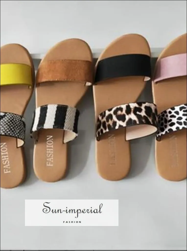 Leopard Double Band Flat Slide Sandals - Black and White