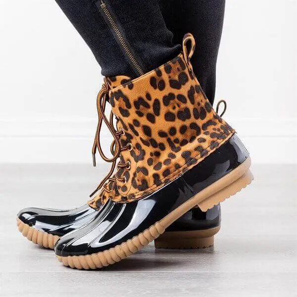 Leopard Waterproof Lace-up Duck Boots