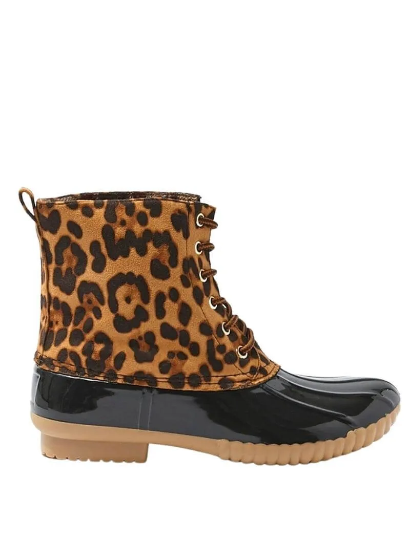 Leopard Waterproof Lace-up Duck Boots