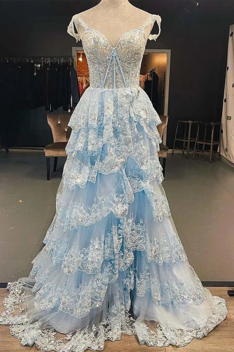 Light Blue Lace Sweetheart Tiered Long Prom Dress with Slit