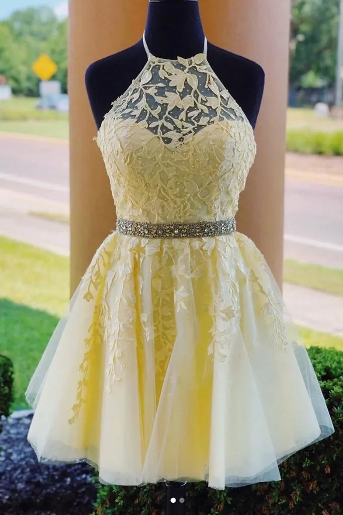 Lilac Lace Homecoming Dresses Beaded Belt Yellow Short A Line Hoco Dress