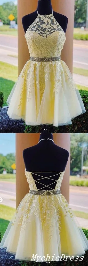 Lilac Lace Homecoming Dresses Beaded Belt Yellow Short A Line Hoco Dress