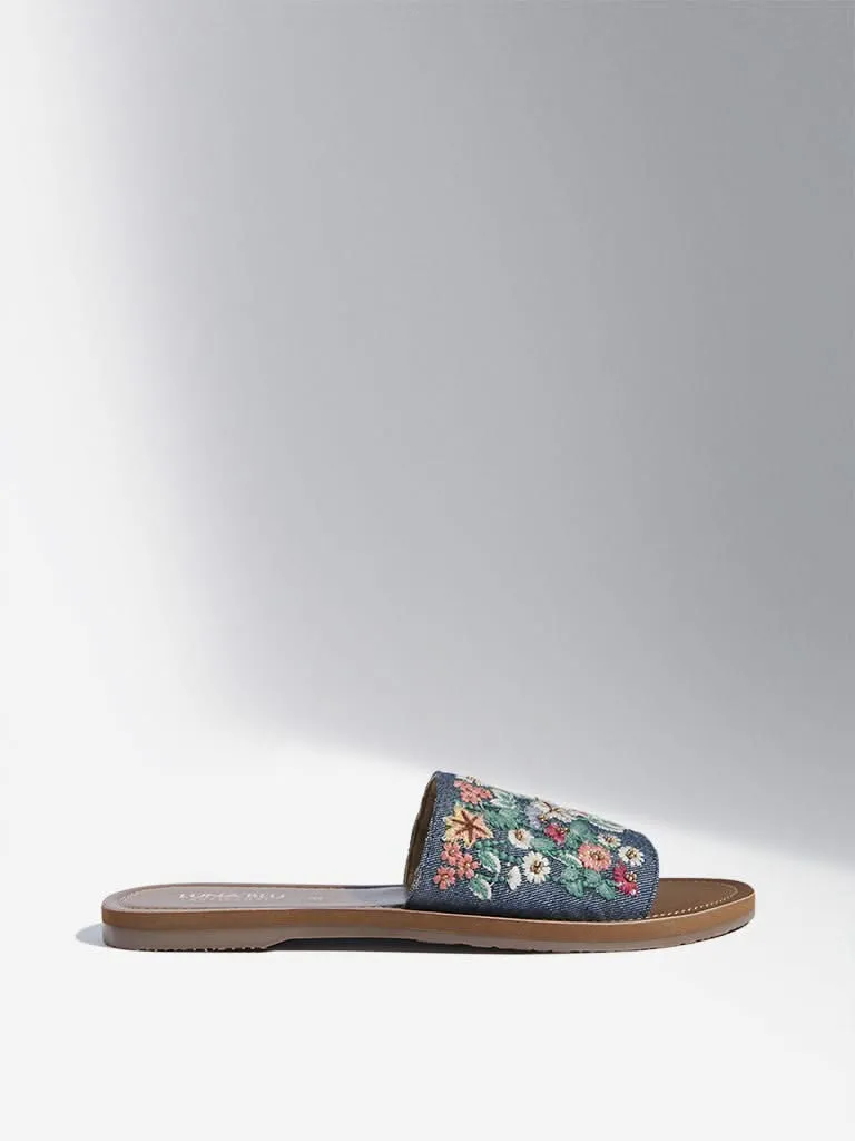 LUNA BLU Blue Floral Embroidered Denim Slides