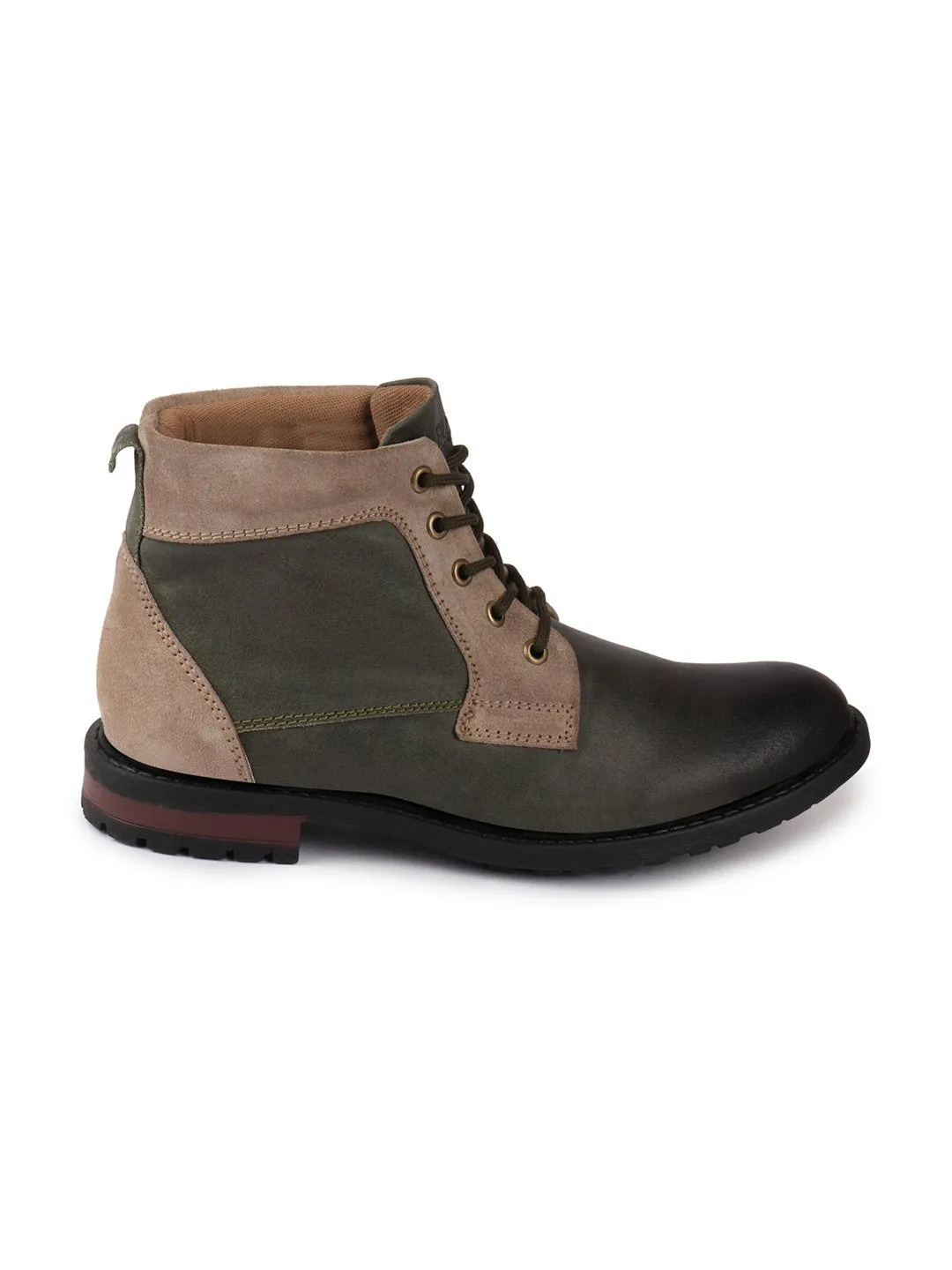 Men Olive High Ankle Lace Up Leather Boots