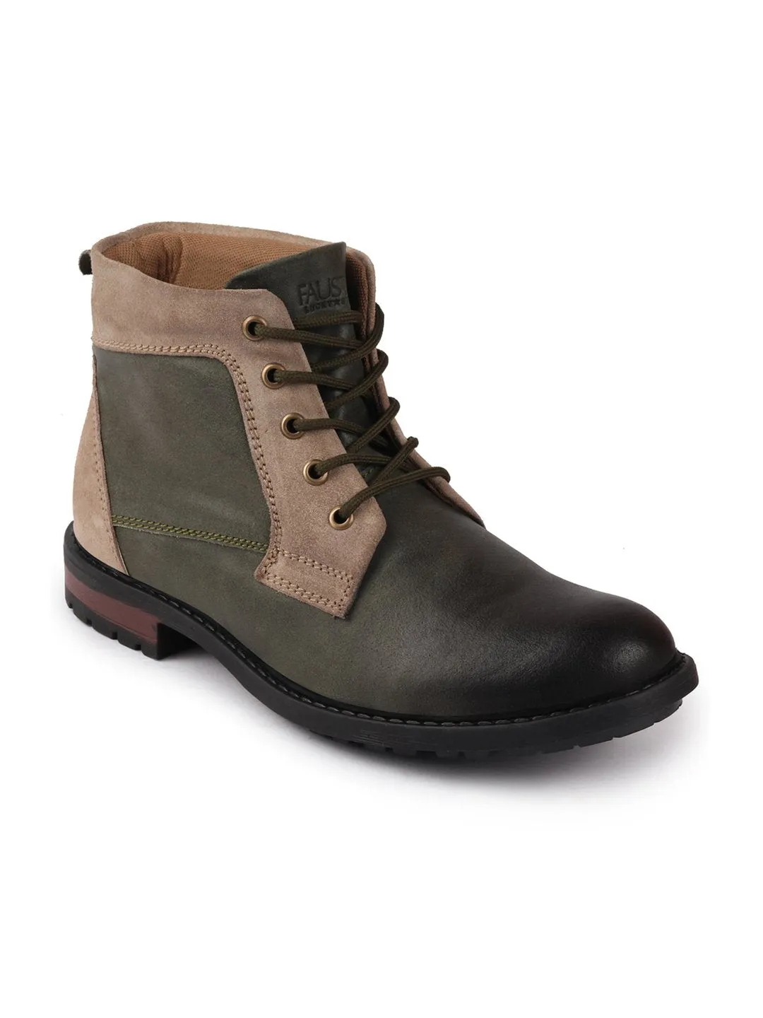 Men Olive High Ankle Lace Up Leather Boots