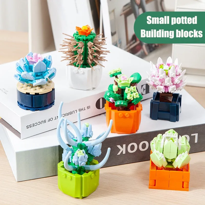 Mini Flower Building Blocks Home Desktop Succulent Potted Ornaments Diy Small Particles Puzzle Assembled Children's Toy Gift