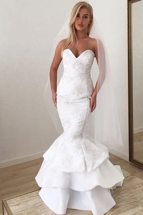 Modern V Neck White Lace Appliques Mermaid Ruffled Long Wedding Dress