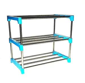 Multipurpose Rustproof Plastic Shoe Rack, Foldable Wide Storage Rack for Books. Toys, Shoes Easy to Move & Assemble (Rustproof) 3 SHELF (sky blue)