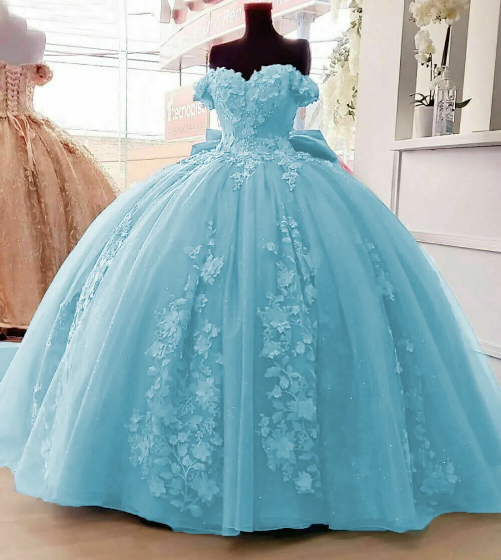 Off Shoulder Ball Gown Quinceanera Dresses 3D Floral Applique Sweet 16 Gowns