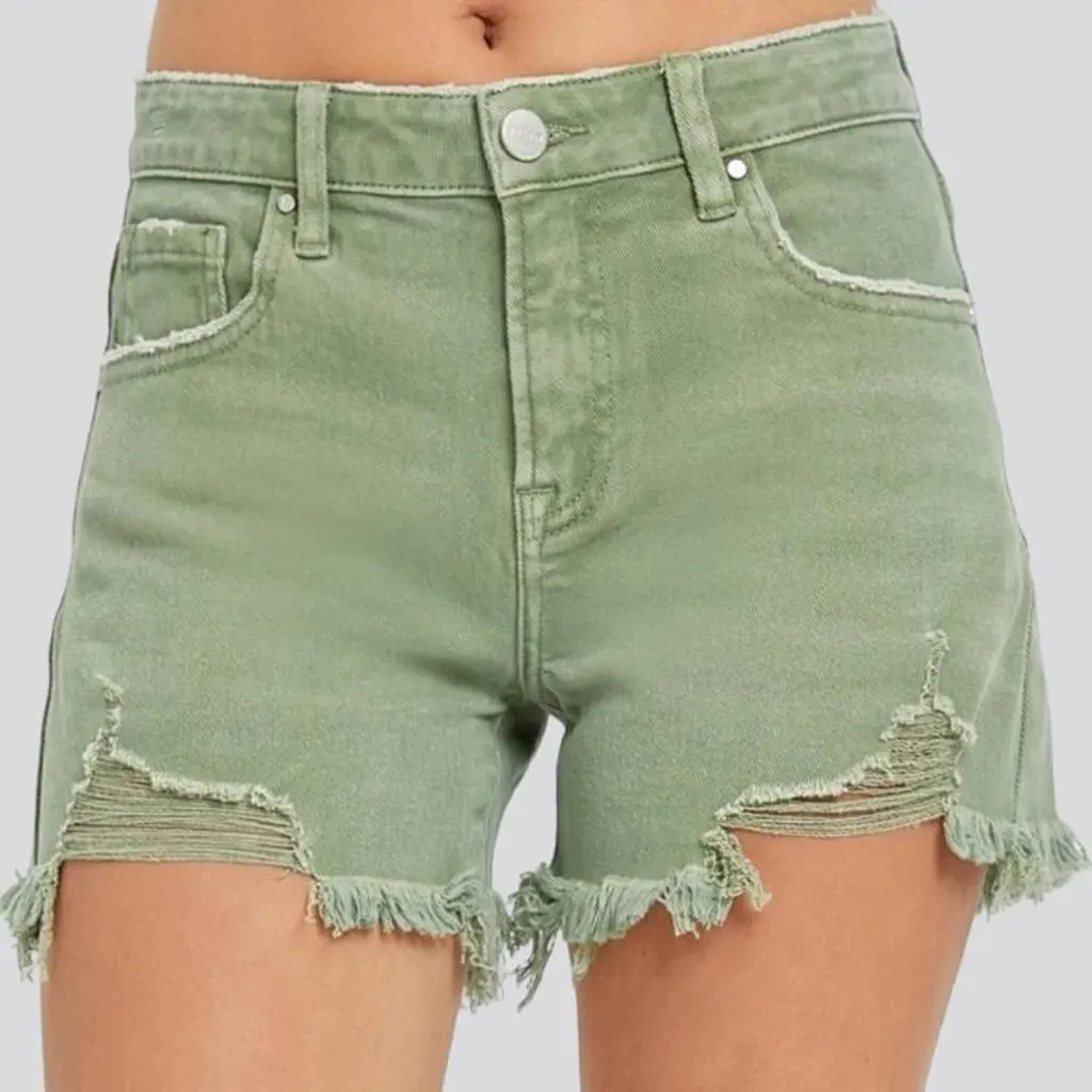 Olive-hue high-waist jean shorts for women