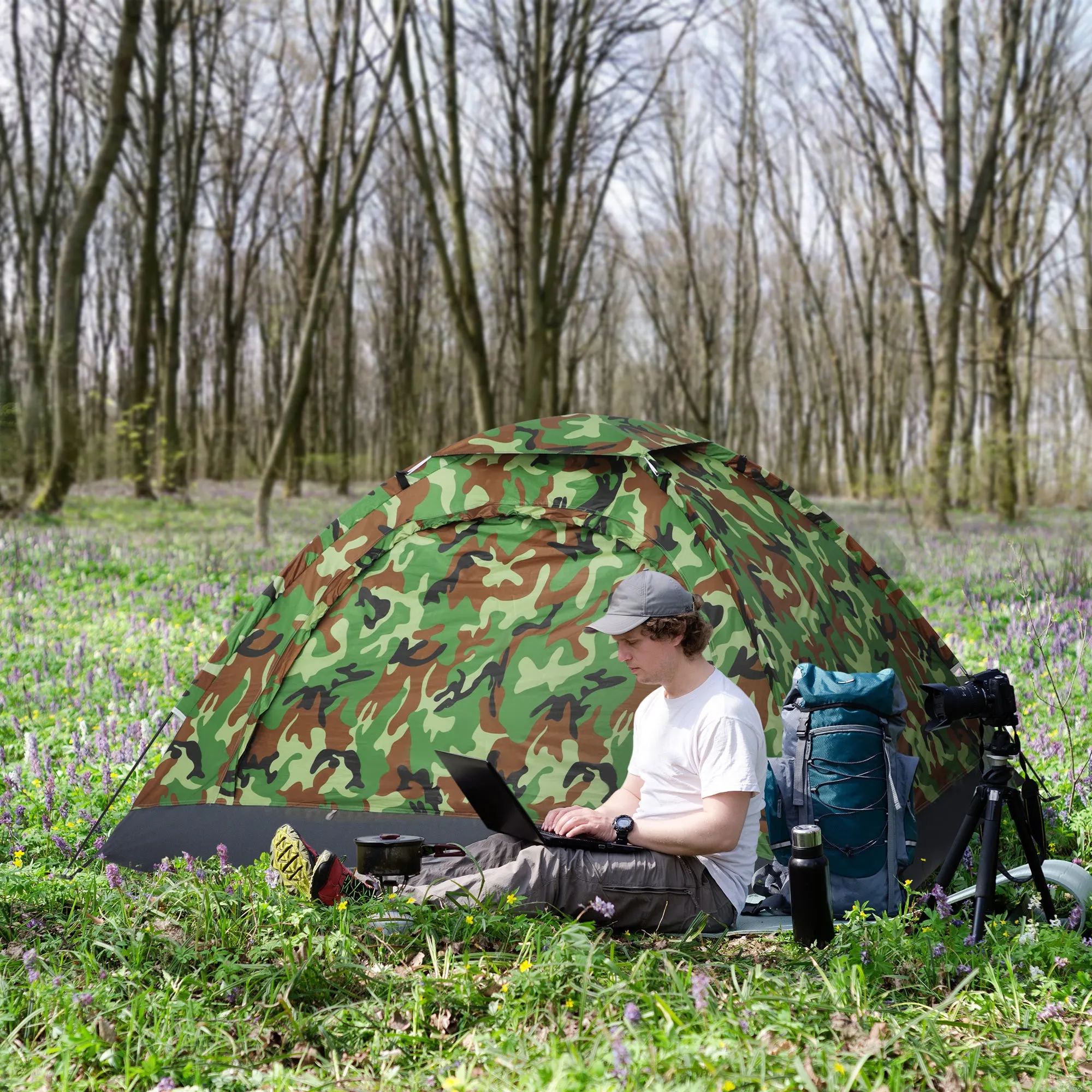 Outsunny 2 Person Camping Tent, Camouflage Tent with Zipped Doors, Storage Pocket, Portable Handy Bag, Multicoloured