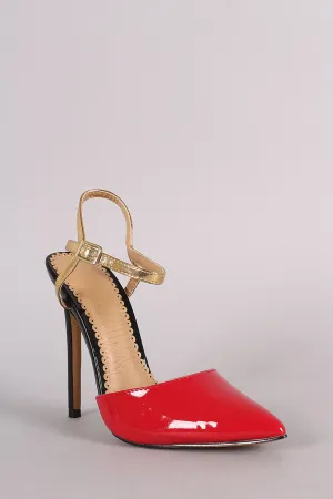 Patent Colorblock Pointy Toe Ankle Strap Pump