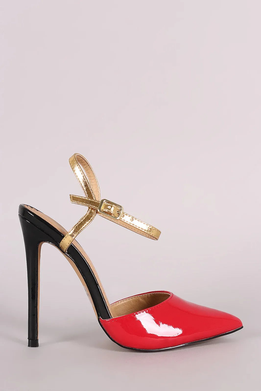 Patent Colorblock Pointy Toe Ankle Strap Pump