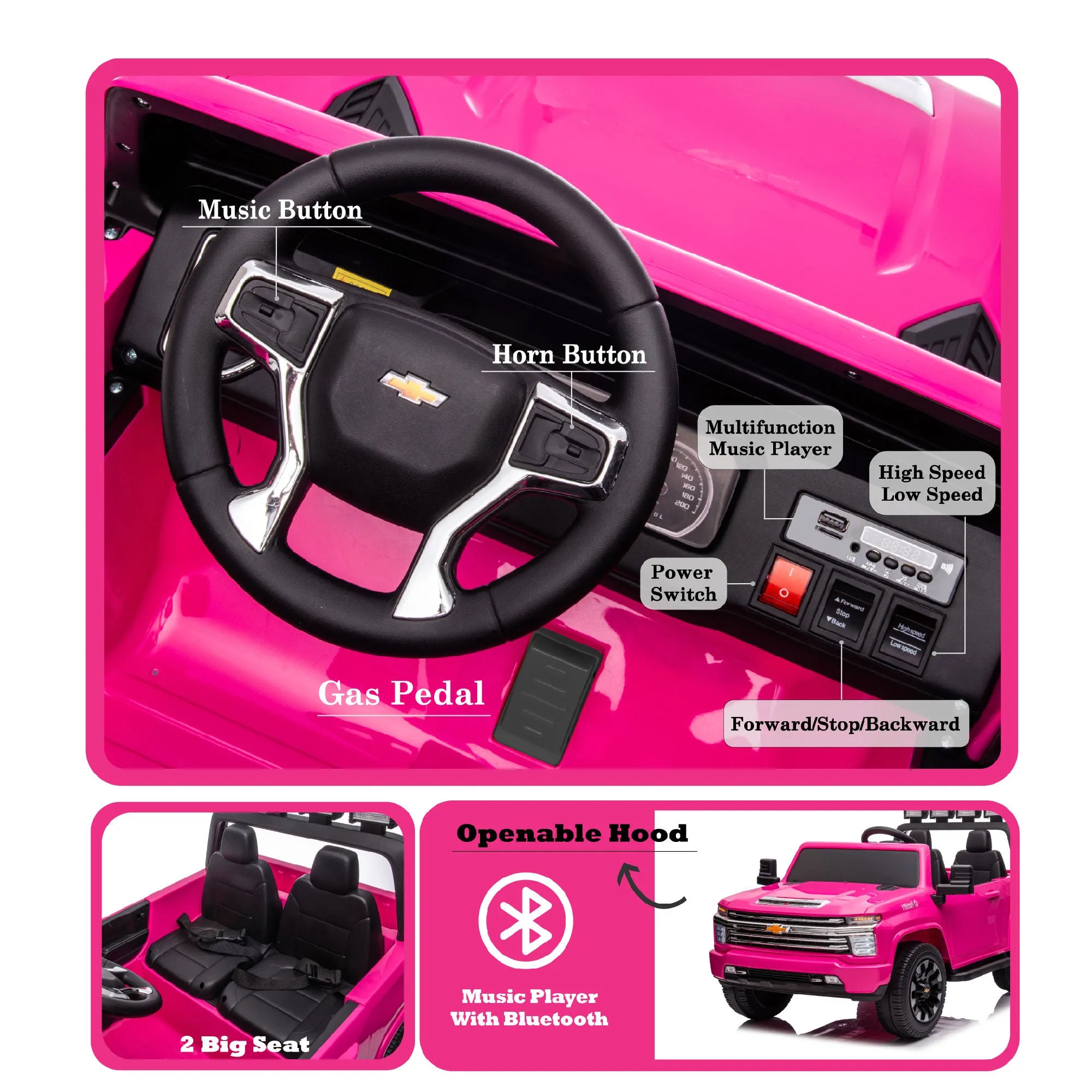 Pink, 24V 2 Seater Ride On Truck Car, Licensed Chevrolet Silverado HD Electric Car for Kids, 4WDmotors, with2.4G Remote Control, Metal Suspension, Soft Start, FM/Bluetooth/Music, LED Light,Toys Gifts