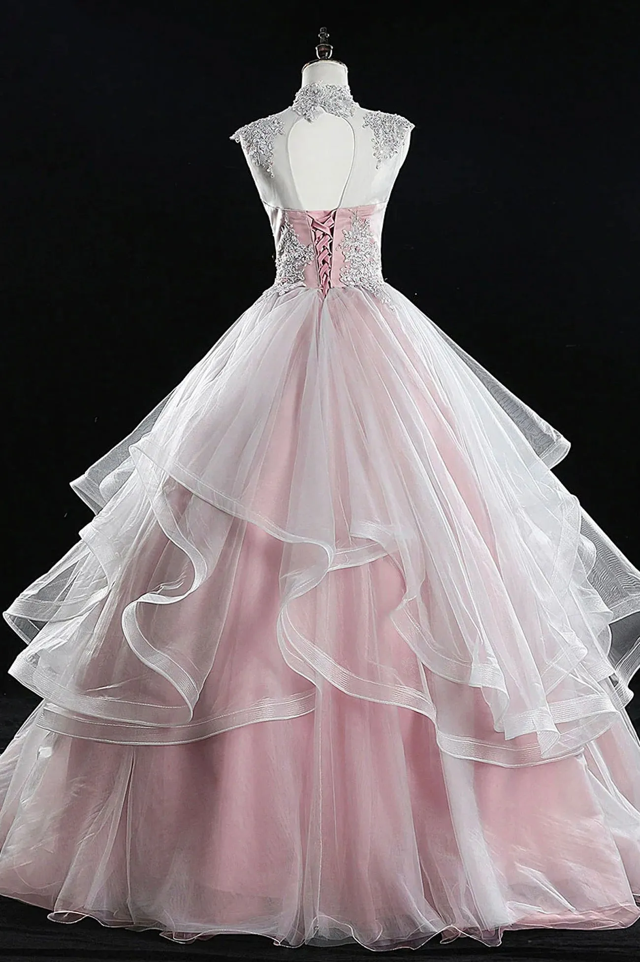 Pink Tulle Lace Sweet 16 Dresses,Long Quinceanera Dresses