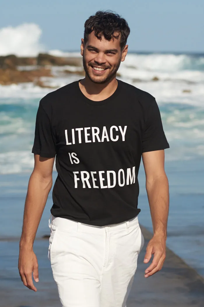 "Literacy is Freedom" Black Cotton Crew Neck Unisex T-Shirt