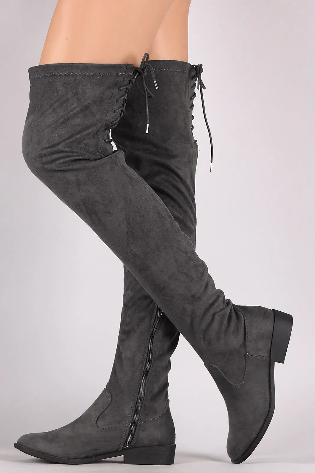 Qupid Suede Back Lace-Up Over-The-Knee Riding Boots