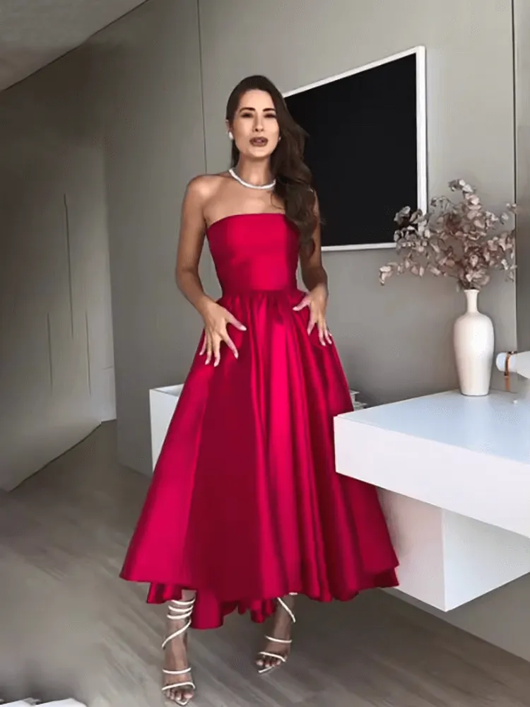 Red Satin Prom Gown Strapless A-Line Simple Formal Occasion Dress