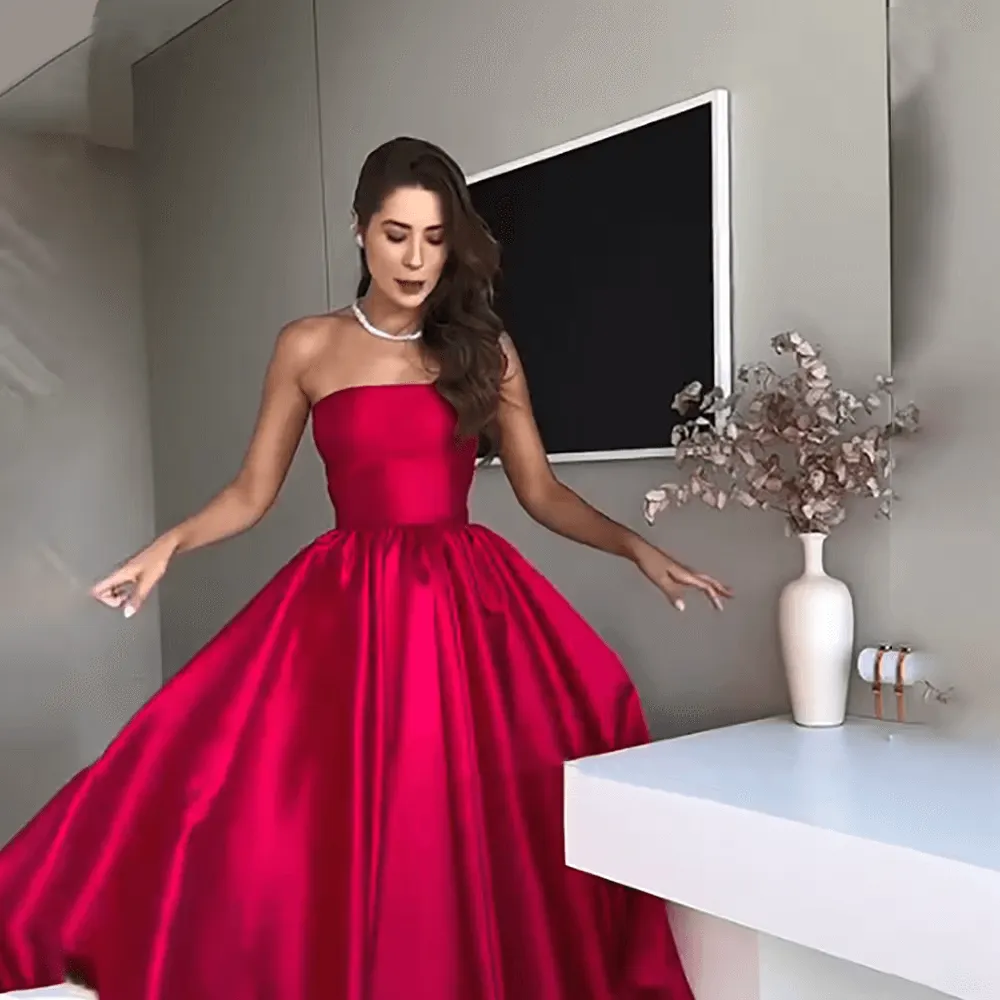 Red Satin Prom Gown Strapless A-Line Simple Formal Occasion Dress