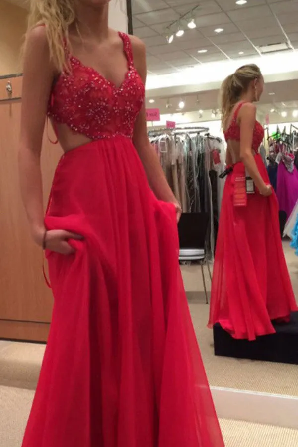 Red Spaghetti Strap Chiffon Backless Prom Dresses,A Line Long Formal Gowns