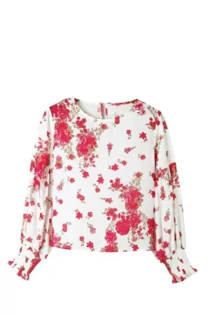 Round Neck Bishop Sleeves Floral Blouse