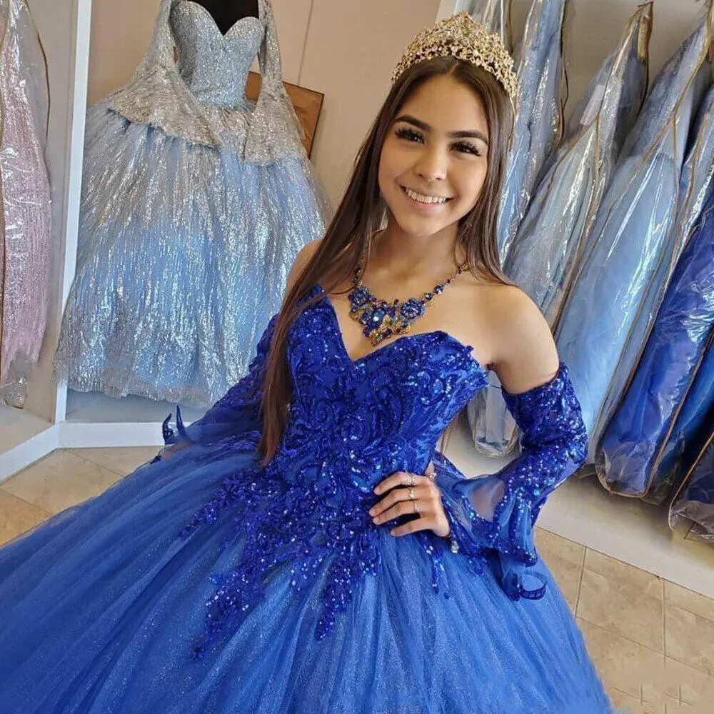 Royal Blue Ball Gown Detachable Long Sleeves Quinceanera Dresses Sweet 15 Dress