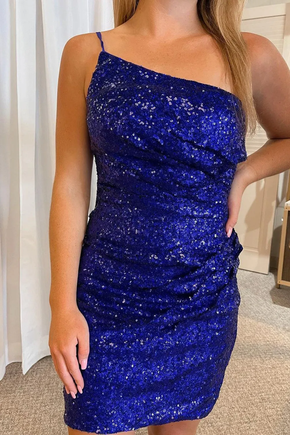 Royal Blue Spaghetti Straps Open Back Bodycon Sequins Homecoming Dresses