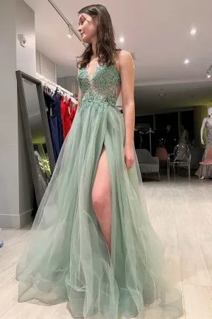 Sage Green Tulle Floral Lace Backless A-Line Prom Dress with Slit