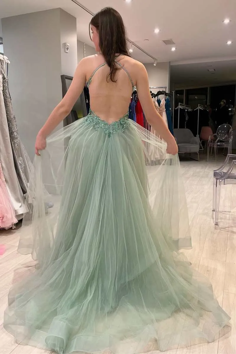 Sage Green Tulle Floral Lace Backless A-Line Prom Dress with Slit