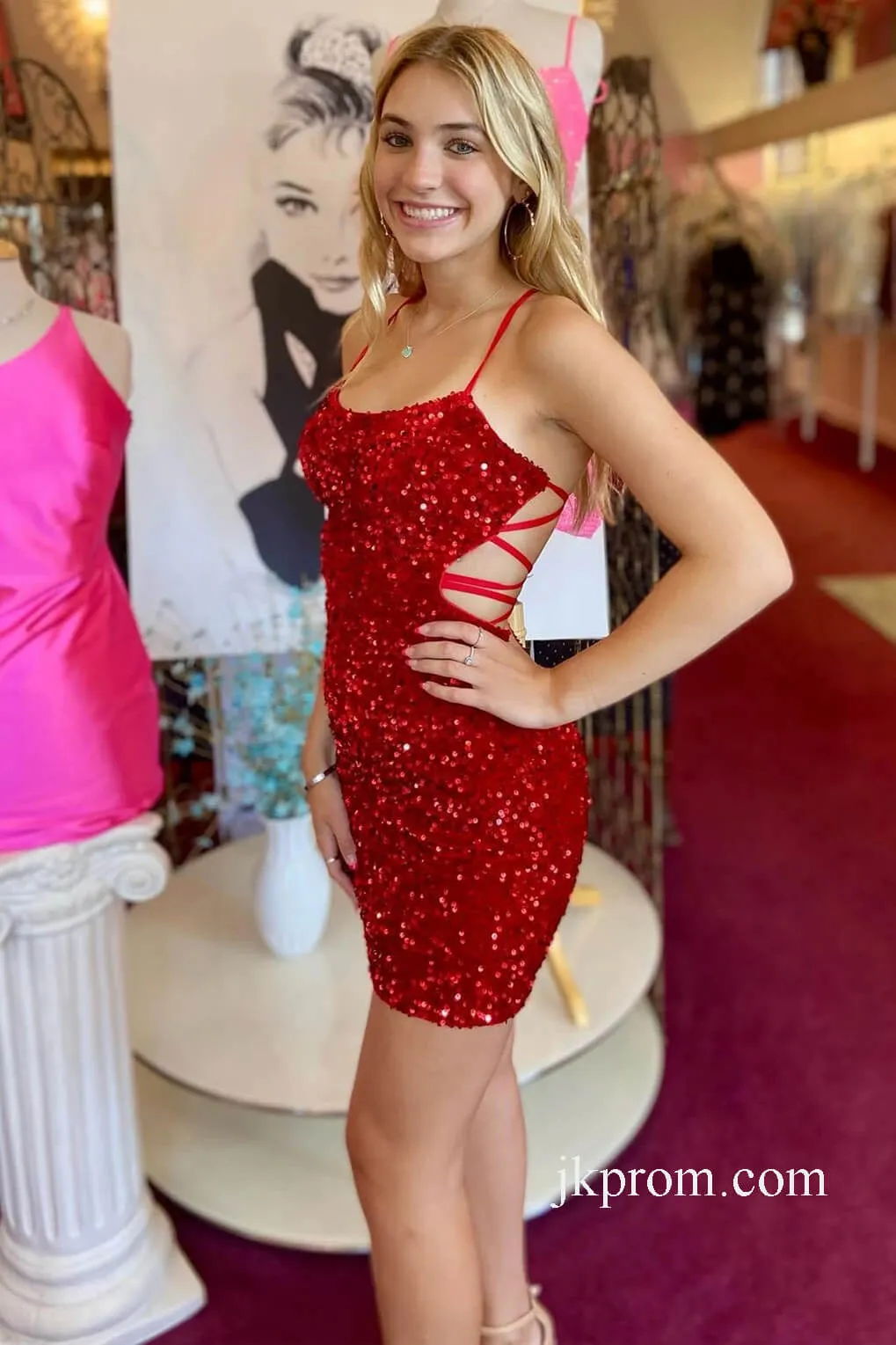 Sexy Backless Red Sequin Tight Short Homecoming Dress,Sparkle Cocktail Dresses Parties