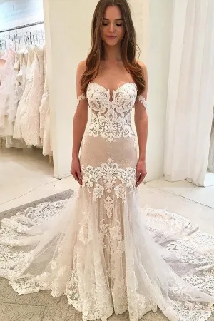 Sheath Sweetheart Floor Length Chapel Lace Embroidery Wedding Dress