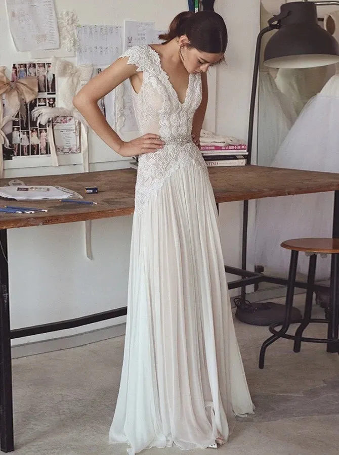 Sheath Wedding Dress with Cap Sleeves,Boho Long Wedding Dresses