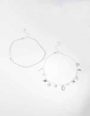 Silver Evil Eye Charm Anklet Set