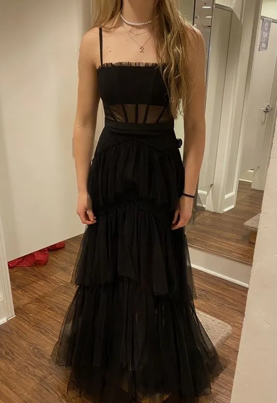 Spaghetti Strap Mesh Corset Gown Ankle Length Prom Dress Tiered Black Evening Dresses