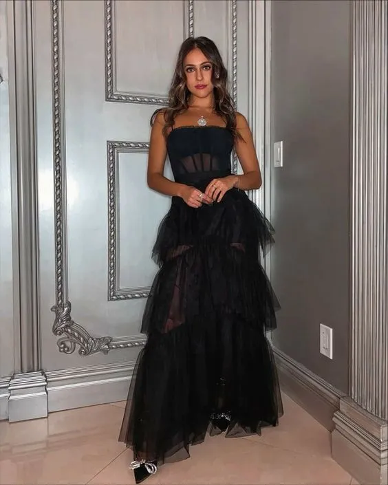 Spaghetti Strap Mesh Corset Gown Ankle Length Prom Dress Tiered Black Evening Dresses