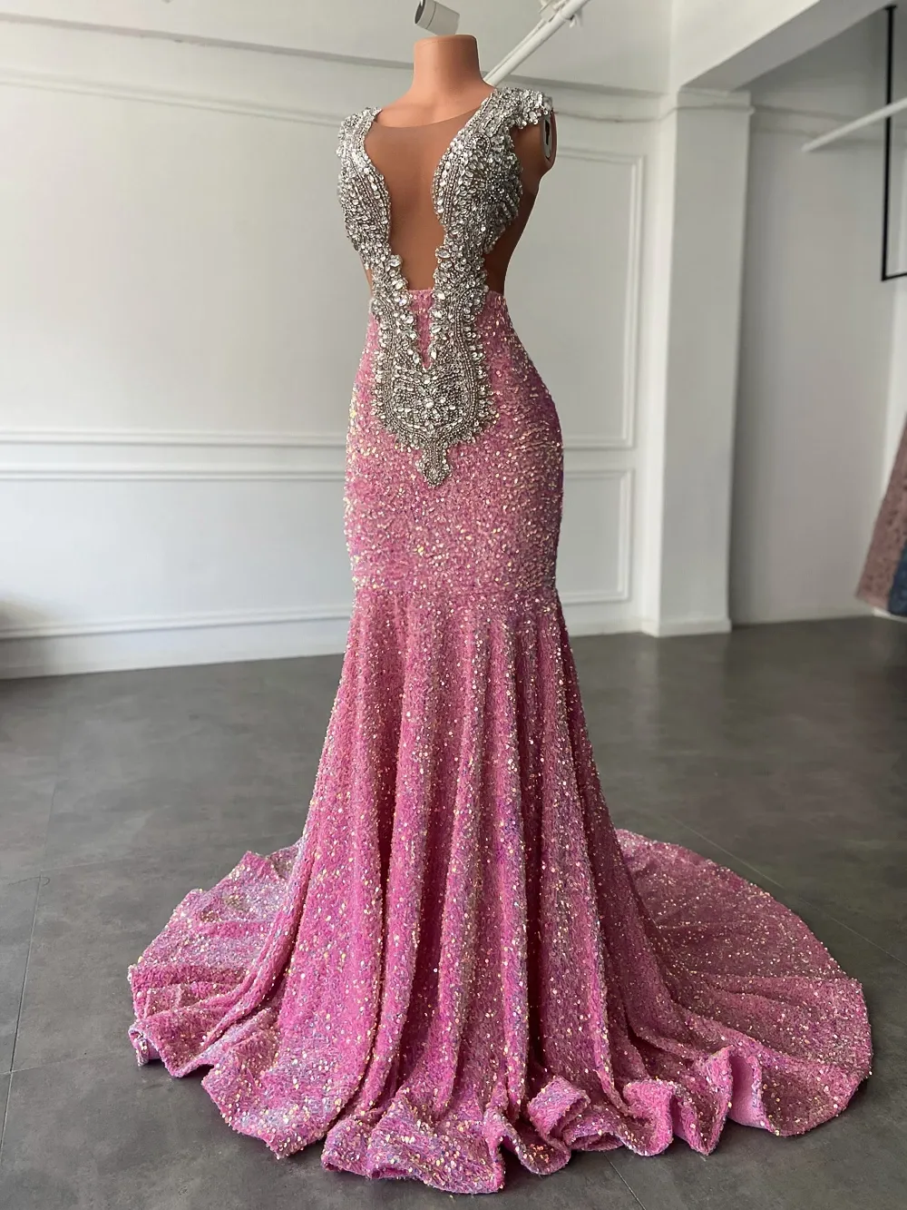 Sparkly Long Prom Dresses Mermaid Luxury Crystal Pink Sequin Formal Dress