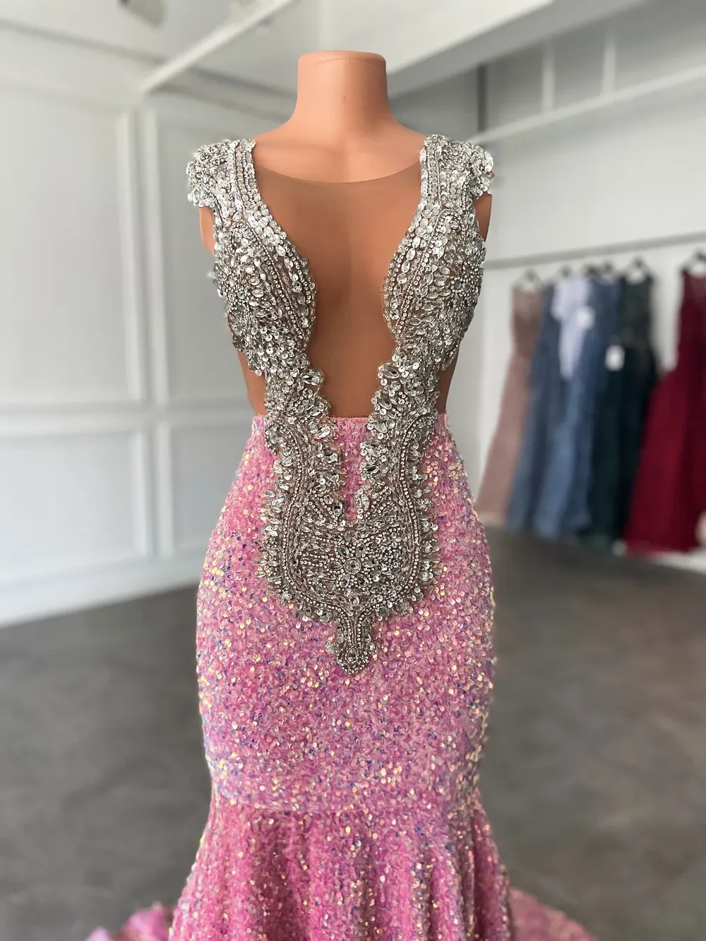 Sparkly Long Prom Dresses Mermaid Luxury Crystal Pink Sequin Formal Dress