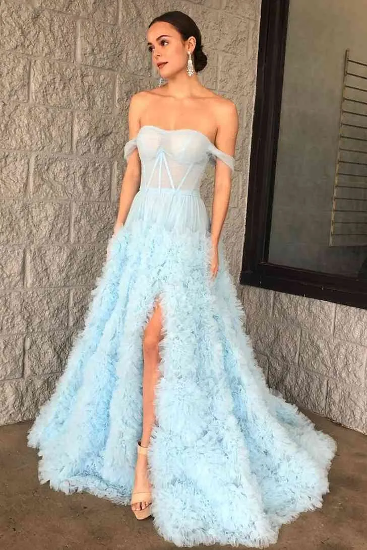 Strapless Light Blue Ruffle Tulle A-Line Prom Dress with Sheer Mesh