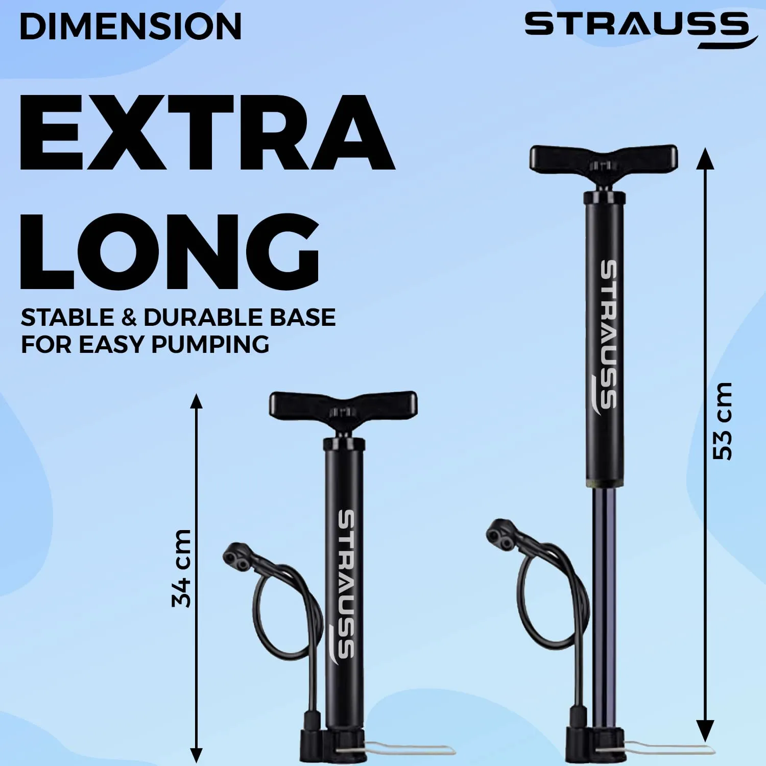 Strauss Bicycle Air Pump with Needle & Dual Valve | 30 CM Long | Portable Pump with 2 Modes, Ideal for Inflating Bicycle, Swimming Rings | Sturdy Base & Ergonomic Handle, (Black)