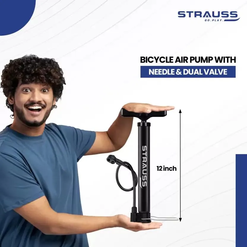 Strauss Bicycle Air Pump with Needle & Dual Valve | 30 CM Long | Portable Pump with 2 Modes, Ideal for Inflating Bicycle, Swimming Rings | Sturdy Base & Ergonomic Handle, (Black)