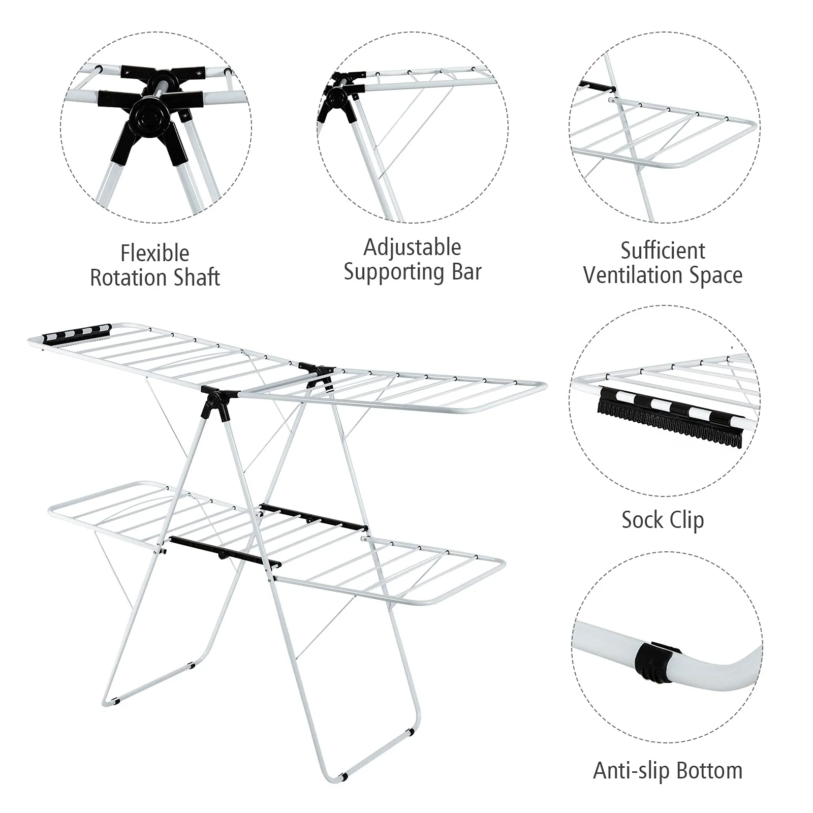 Tangkula 2-Level Clothes Drying Rack, Foldable Drying Hanger w/ Height-Adjustable Gullwing, Steel Frame