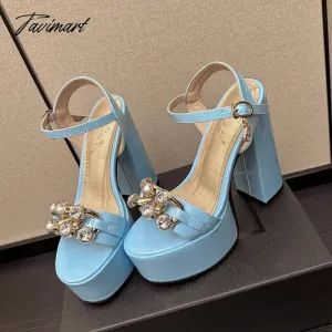 TAVIMART  -  Summer Platform Super-High Heel Sandals Female Round Toe Solid Color Patent Leather Metal Rhinestone Decorative Fashion Sandals