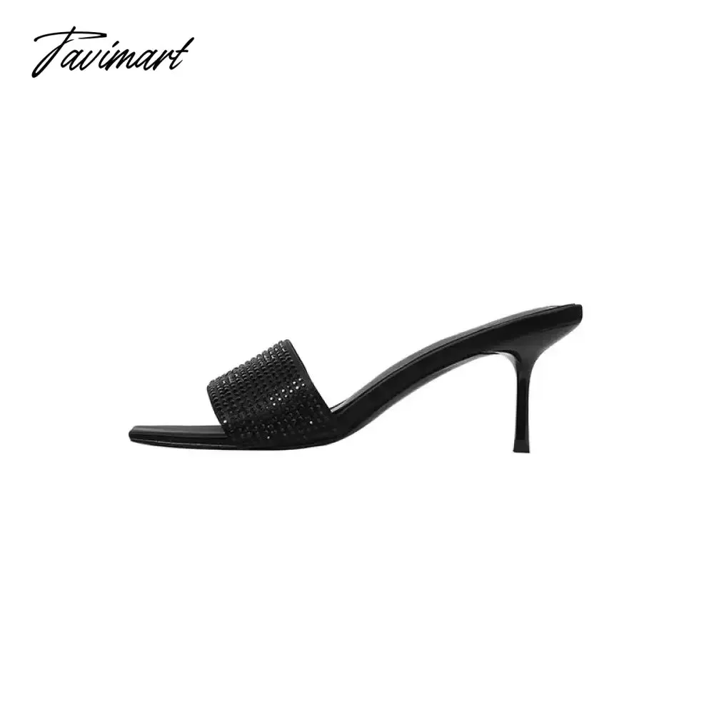 Tavimart Water Diamond Sandals for Women Summer Slim Slim Heels with European and American Open Toe Square Head High Heel Sandals