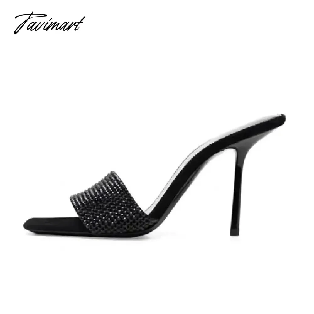 Tavimart Water Diamond Sandals for Women Summer Slim Slim Heels with European and American Open Toe Square Head High Heel Sandals