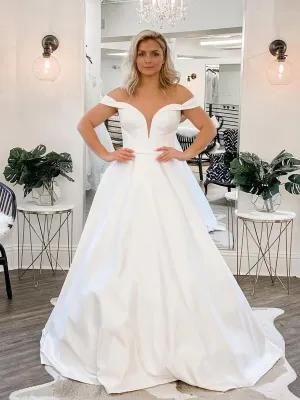 Unique Off the Shoulder Satin Wedding Dresses Chapel Train