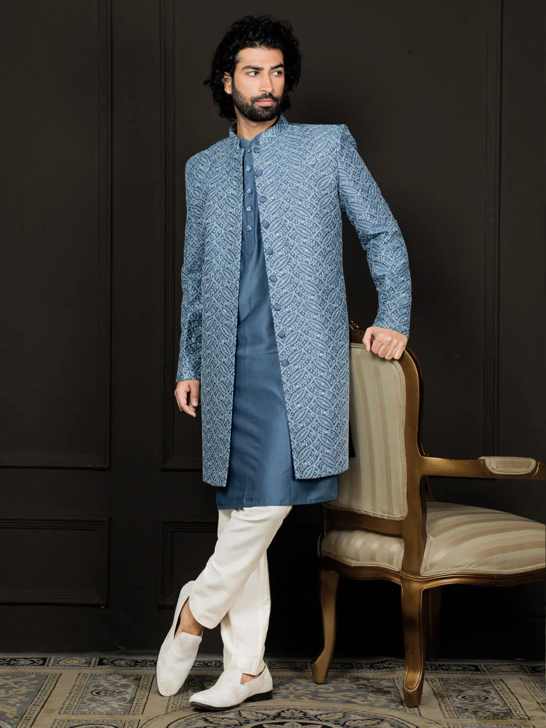 VASTRAMAY Men's Embroidered Blue Sherwani